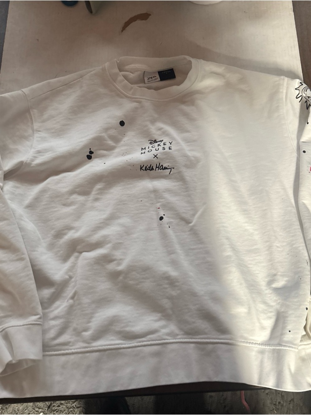 Disney Zara by Keith Haring White Graphic Crewneck Sweatshirt w/Paint-Splatter